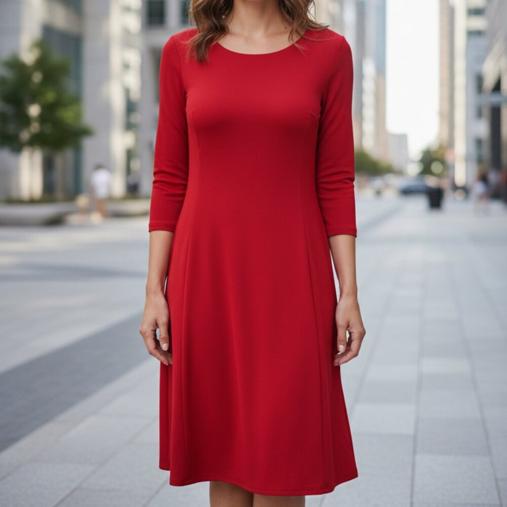 Solid Fit & Flare Dress by Fiori. Red